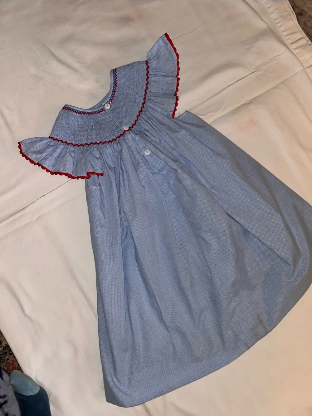 Girls' Light Blue Smocked Dress with Red Trim and Flag Embroidery